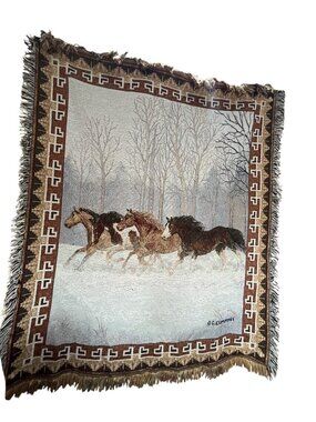 Wild Horses Woven Throw Blanket By C. Cummings 55" x 47" With Multicolor Fringe